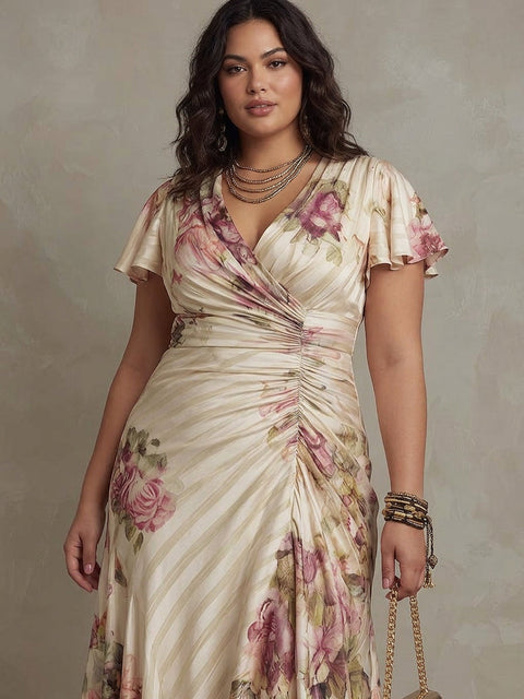 Margaret - Robe Mi-Longue en Satin Floral Vintage - Ivoire