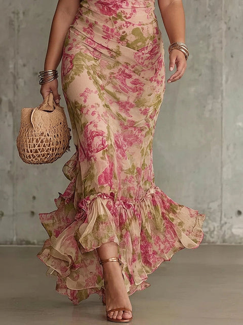 Mae - Robe Longue Manches Bouffantes Imprimé Rose Vintage - Rose