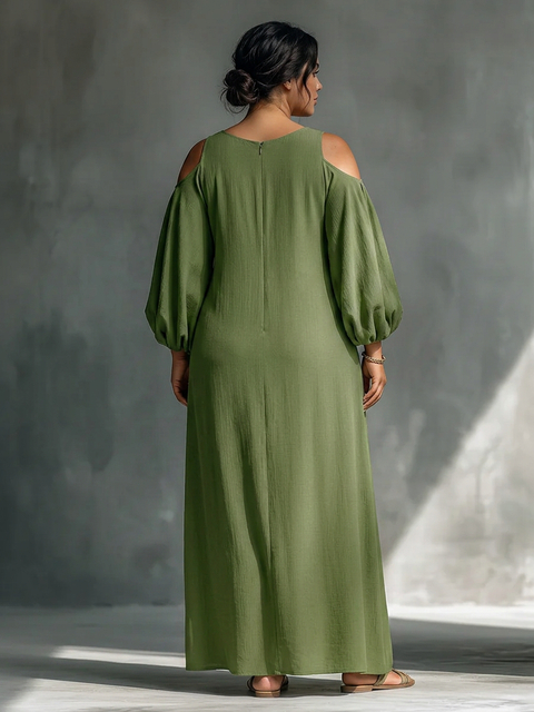 Anika - Robe Longue Épaules Dénudées Manches Bouffantes - Vert