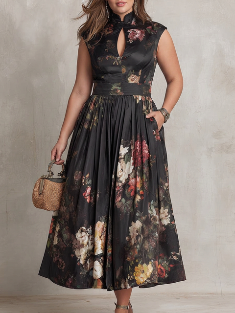 Patricia - Robe Mi-Longue Plissée en Satin Floral - Noir