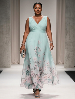 Rose - Robe Longue Col V en Mousseline Florale - Vert Clair