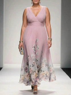 Rose - Robe Longue Col V en Mousseline Florale - Jaune