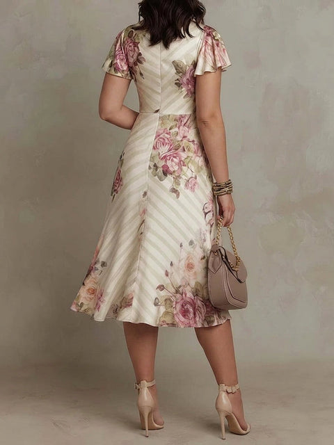 Margaret - Robe Mi-Longue en Satin Floral Vintage - Ivoire