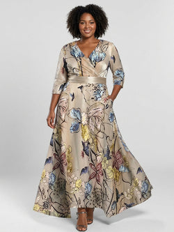 Léa - Robe Longue Élégante Manches Mi-Longues - Champagne