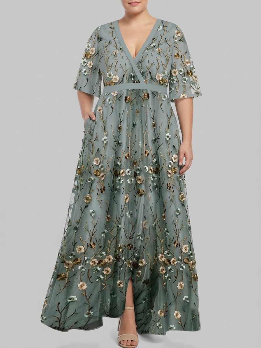 Léa - Robe Longue Élégante Manches Mi-Longues - Gris