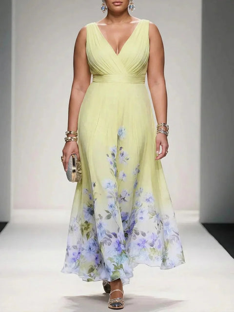 Rose - Robe Longue Col V en Mousseline Florale - Jaune