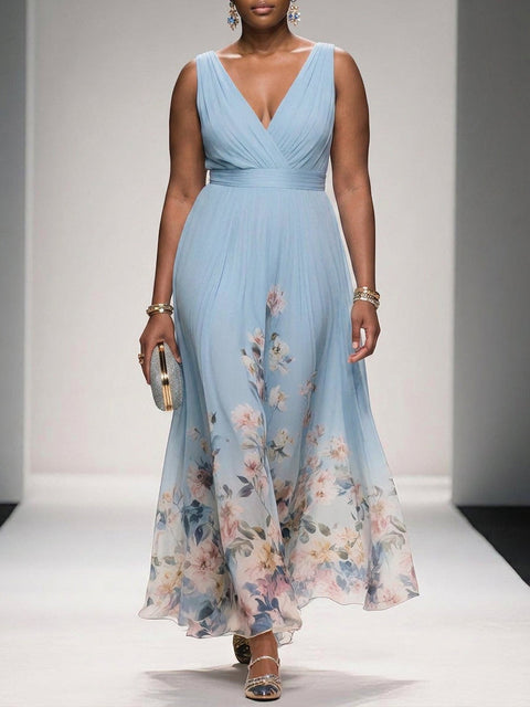 Rose - Robe Longue Col V en Mousseline Florale - Bleu Clair
