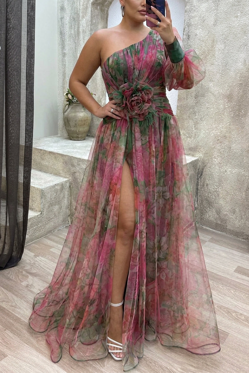 Grace - Robe Longue Plissée Imprimé Floral - Rouge