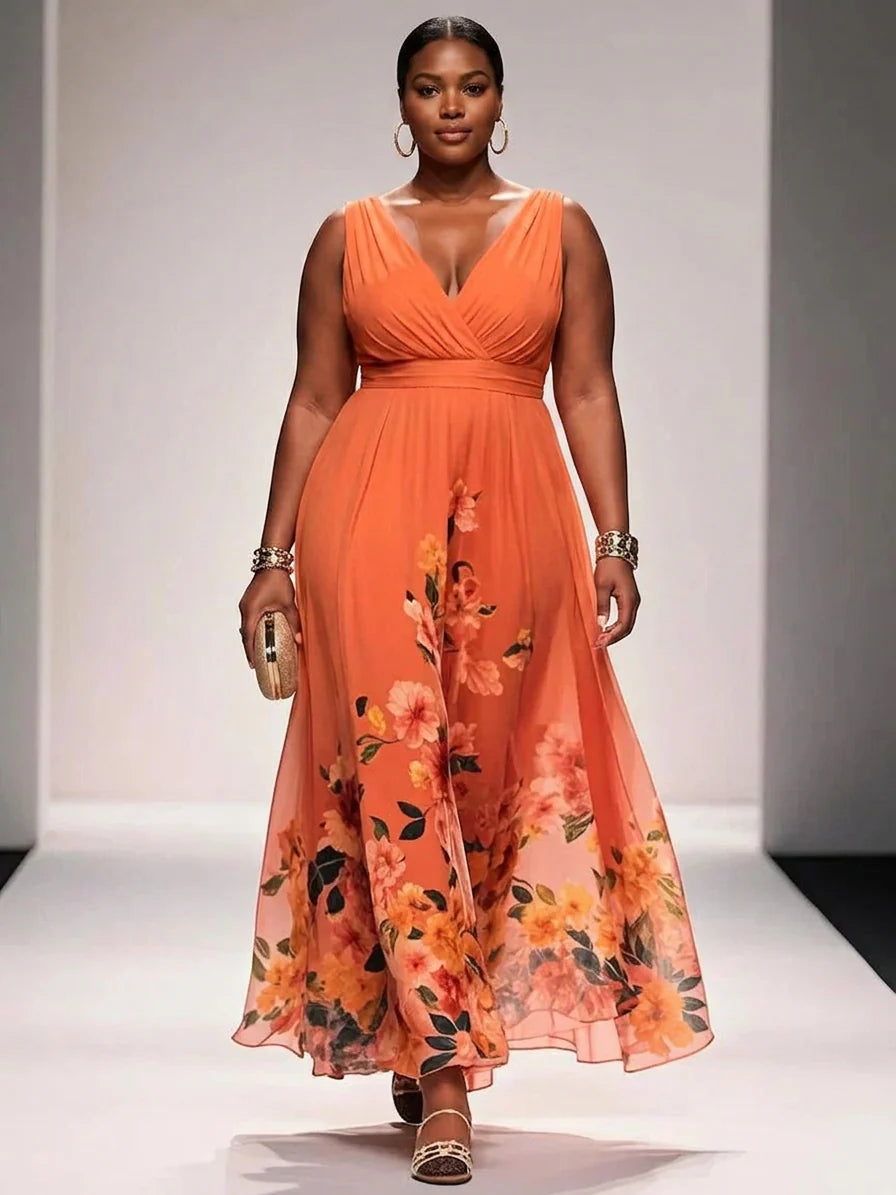 Rose - Robe Longue Col V en Mousseline Florale - Orange