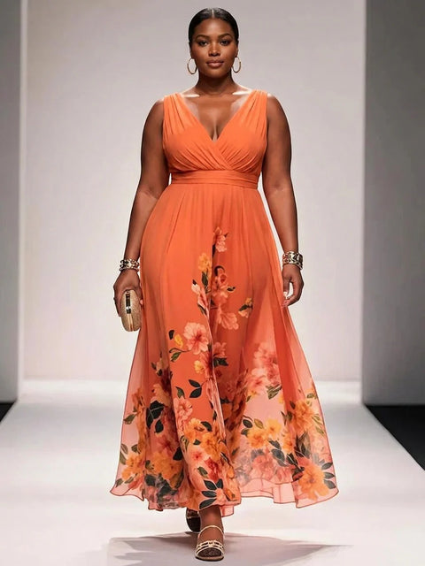Rose - Robe Longue Col V en Mousseline Florale - Orange