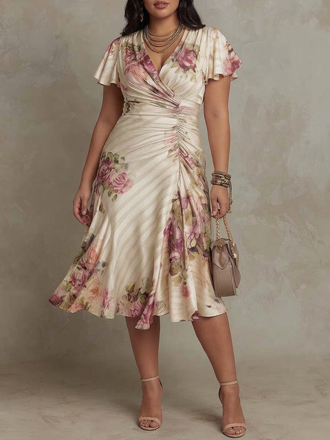 Margaret - Robe Mi-Longue en Satin Floral Vintage - Ivoire