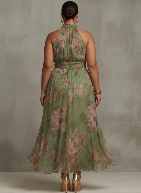 Florence - Robe Longue Dos-Nu en Mousseline Florale - Vert