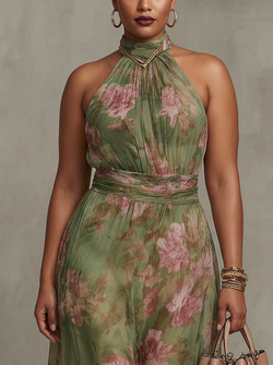 Florence - Robe Longue Dos-Nu en Mousseline Florale - Vert