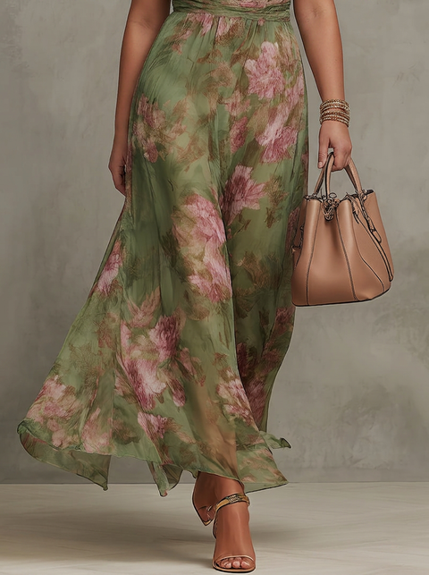 Florence - Robe Longue Dos-Nu en Mousseline Florale - Vert