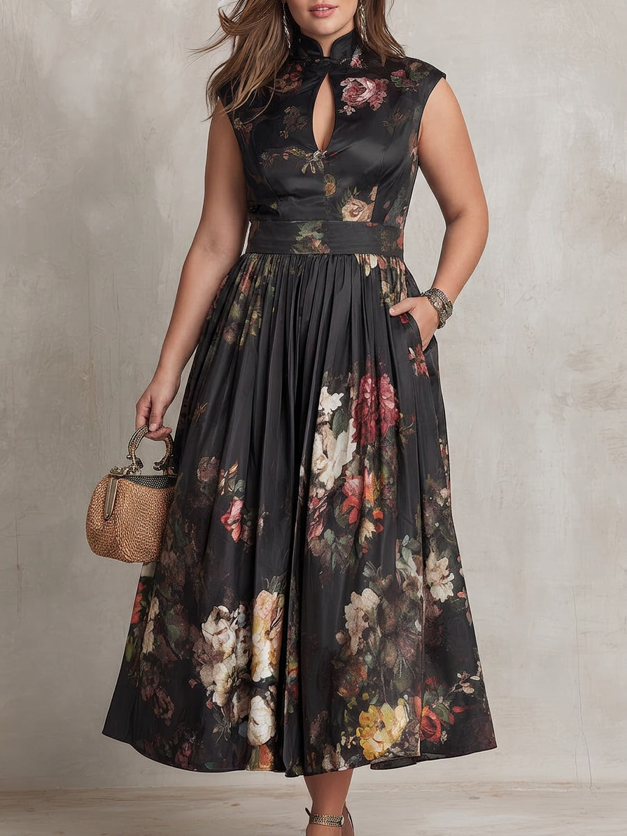 Patricia - Robe Mi-Longue Plissée en Satin Floral - Noir