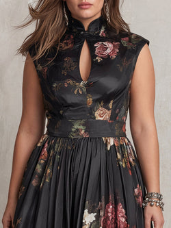 Patricia - Robe Mi-Longue Plissée en Satin Floral - Noir
