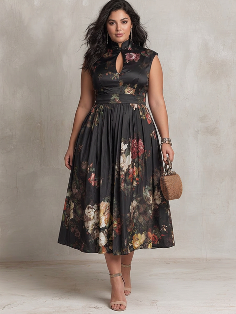 Patricia - Robe Mi-Longue Plissée en Satin Floral - Noir