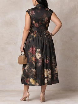 Patricia - Robe Mi-Longue Plissée en Satin Floral - Noir