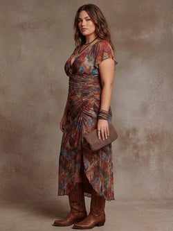 Judy - Robe Mi-Longue Plissée Col V Bohème - Rouge Rouille