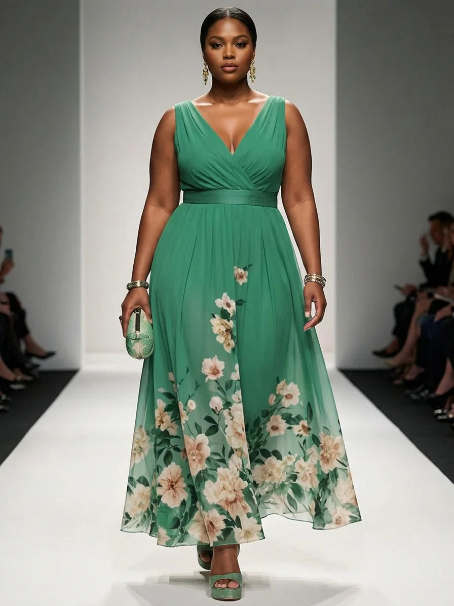Rose - Robe Longue Col V en Mousseline Florale - Vert