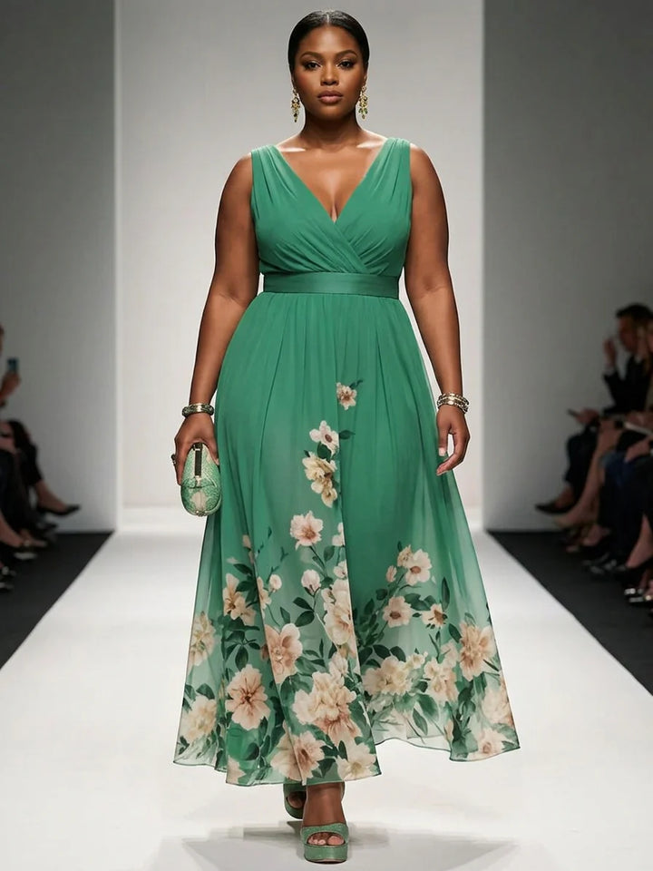 Rose - Robe Longue Col V en Mousseline Florale - Vert