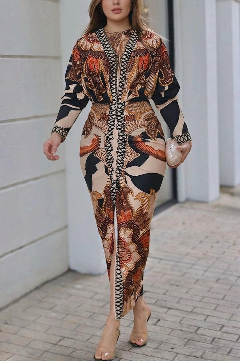 Eva - Robe Mi-Longue Manches Chauve-Souris Imprimé Unique - Marron