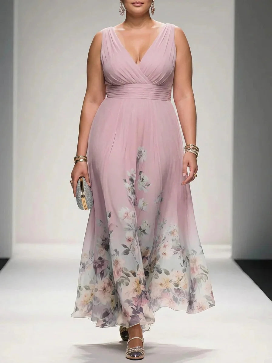 Rose - Robe Longue Col V en Mousseline Florale - Bleu Clair