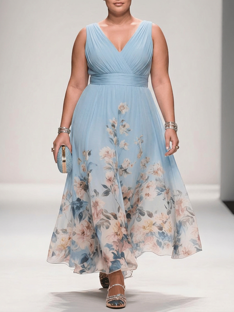 Rose - Robe Longue Col V en Mousseline Florale - Bleu Clair