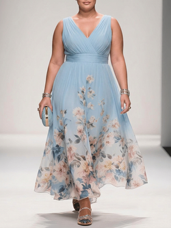 Rose - Robe Longue Col V en Mousseline Florale - Orange